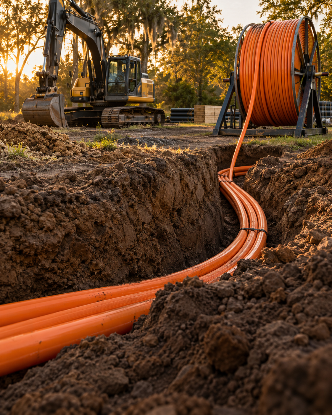 Illustrative underground utility installation scene with an excavator and orange conduit